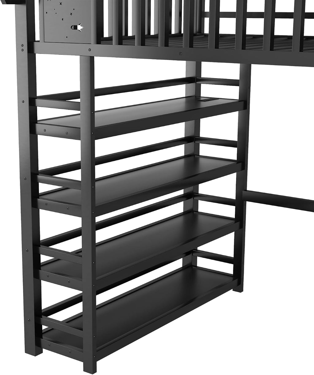 JIVOIT Metal Full Loft Bed with 4 Shelf Storage Rack, Stairs Storage, Open Shelves for Upper, Space-Saving Full Loft Bed with Guardrails and Metal Slats Support for Kids Teens (Black/1)