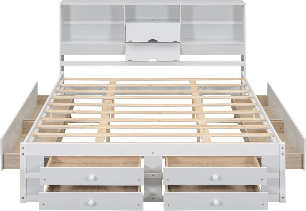 King Size Wood Platform Bed with 8 Storage Drawers and Bookcase Headboard for Bedroom (White, King)