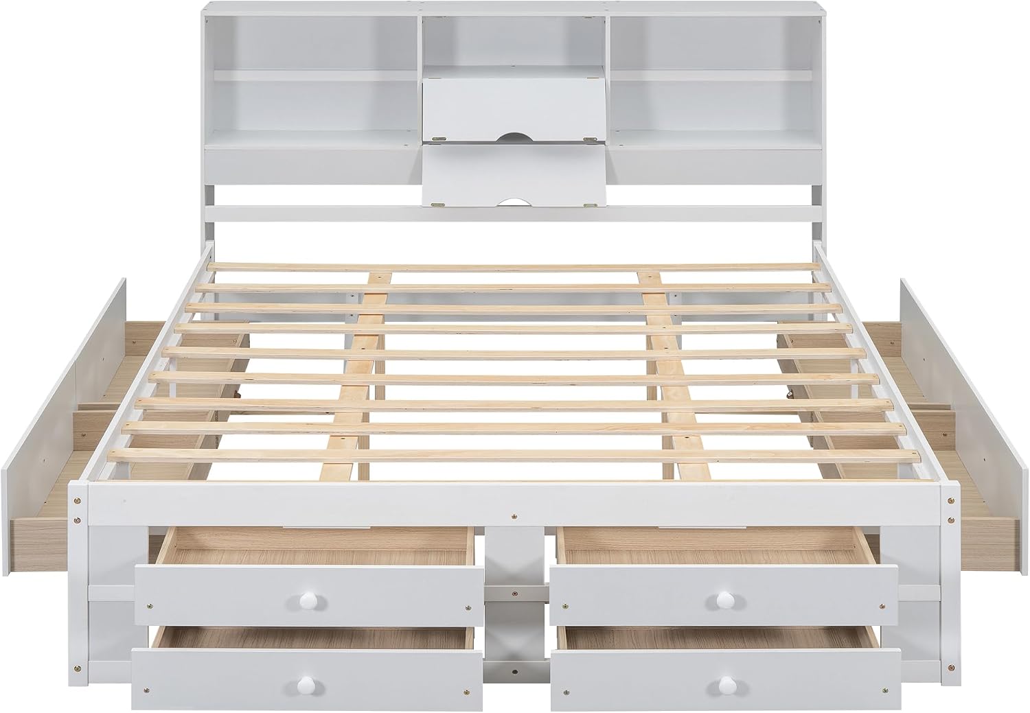 King Size Wood Platform Bed with 8 Storage Drawers and Bookcase Headboard for Bedroom (White, King)