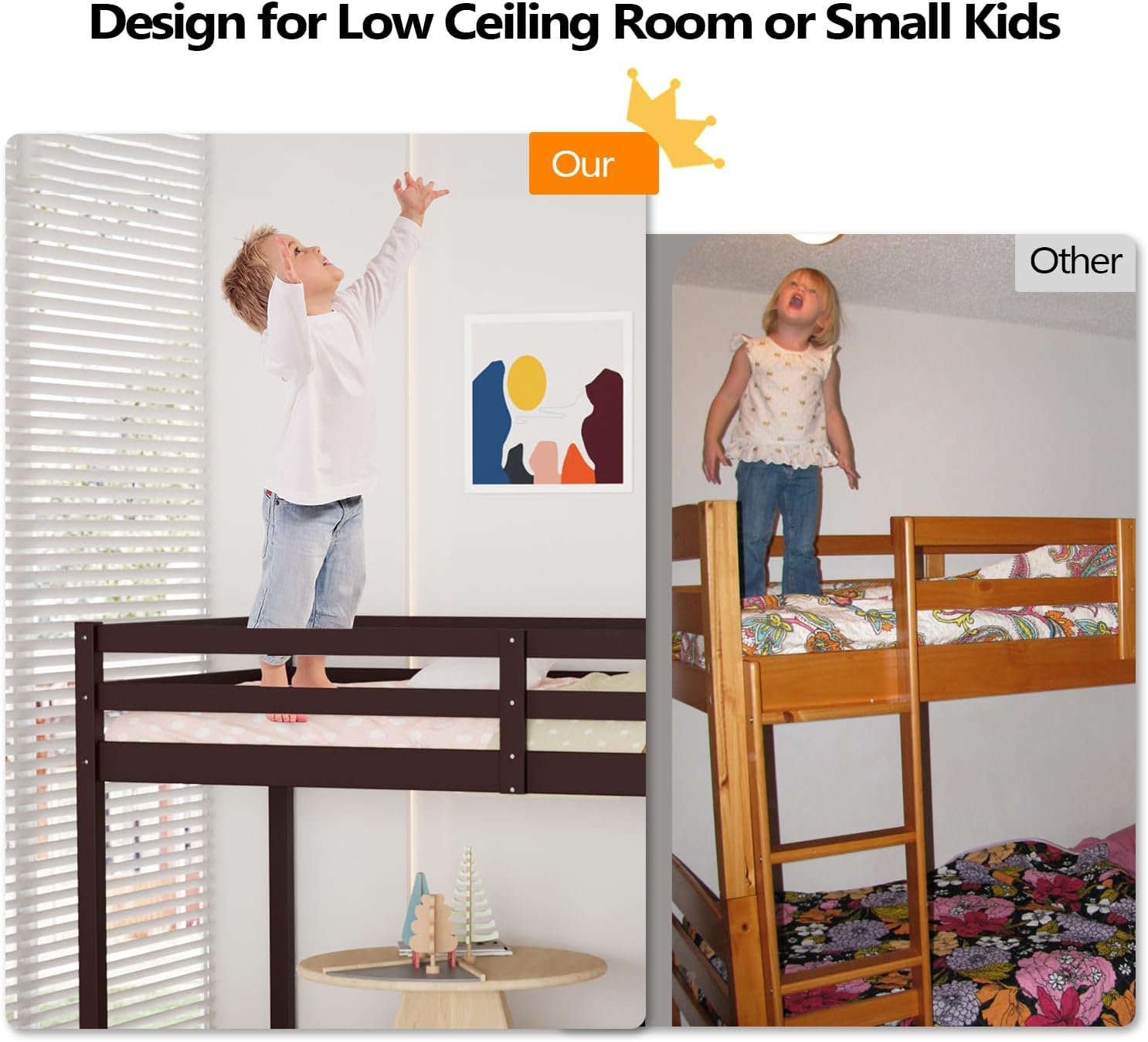 VINGLI 47'' Tall Junior Low Loft Bed with Stairs, Wood Loft Bed Twin Size for Adults, Kids and Young Teens, No Box Spring Required,Wood Slat Support, Espresso