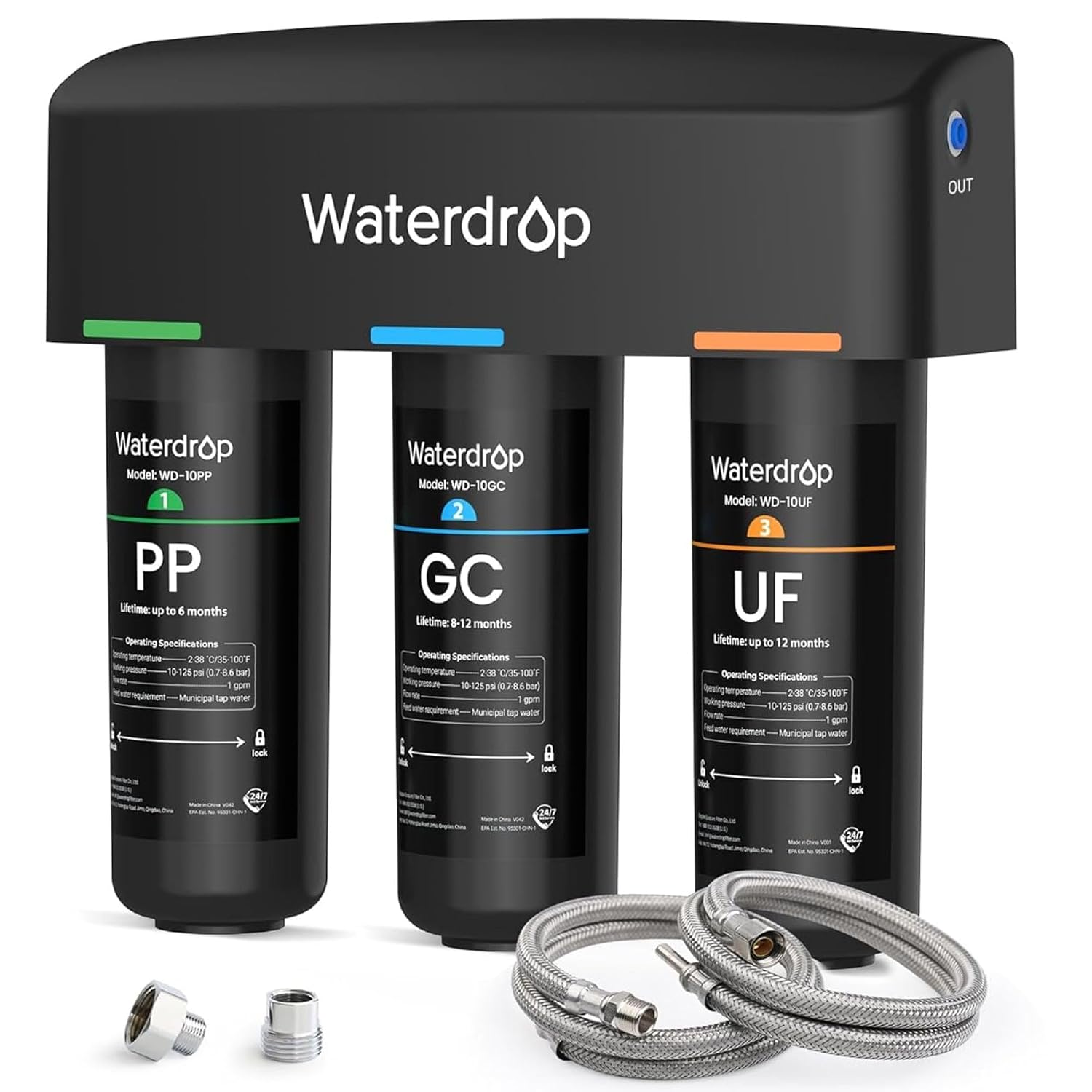 Waterdrop WD-TSA-UF 0.01 μm Ultra Filtration Under Sink Water Filter, 9 Stage Under Sink Water Filtration System, Reduces Chlorine, Taste and Odor, Fluoride, Connects Directly to Your Faucet