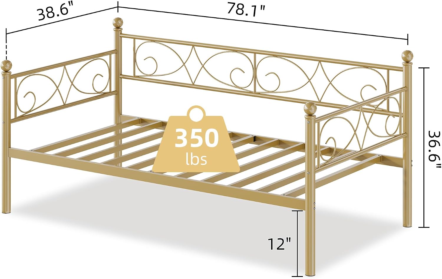 Gold Twin Size Daybed Frame with Elegant Floral Headboard, Heavy Duty Steel Slats Support, No Box Spring Needed, Modern Metal Daybed for Living Room, Guest Room, Bedroom