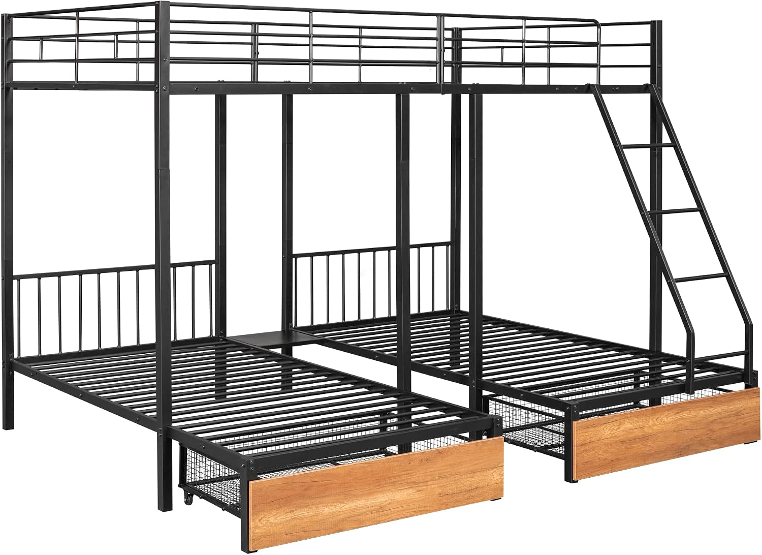 DEINPPA Triple Bunk Bed with Drawers, Can Be Separated into 3 Beds, Full Over Twin & Twin Bunk Bed,Metal Bed for Adult Kids Student Dormitory Bedroom Furniture Set, Black