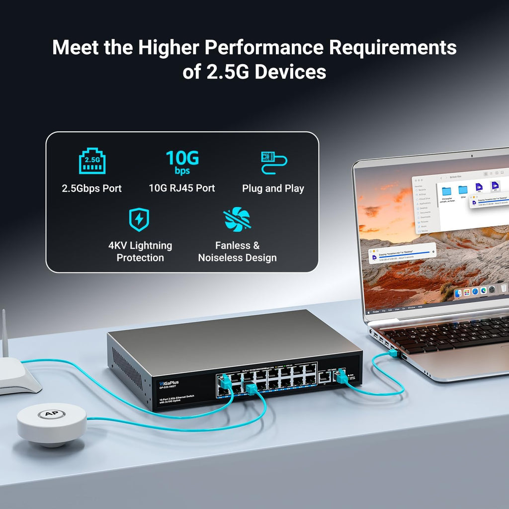 18 Ports 10Gb Unmanaged Ethernet Switch with 16*2.5G Base-T Ports, 2*10G RJ45 Ports. 120Gbps Switching Capacity, GiGaPlus 10Gbps Network Switch for 2.5G/10Gbps NAS/PC, WiFi6 Router, Wireless AP