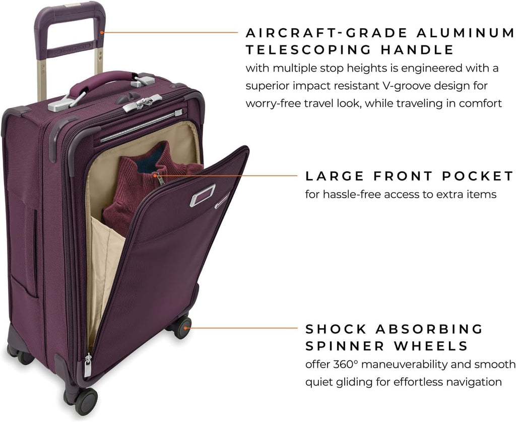 Briggs & Riley Essential 22' Carry On Expandable Spinner - Luggage for Travel, Suitcases with Wheels, Softside Rolling Bag for Men & Women, Self-Repairing Zipper - Baseline Collection, Plum