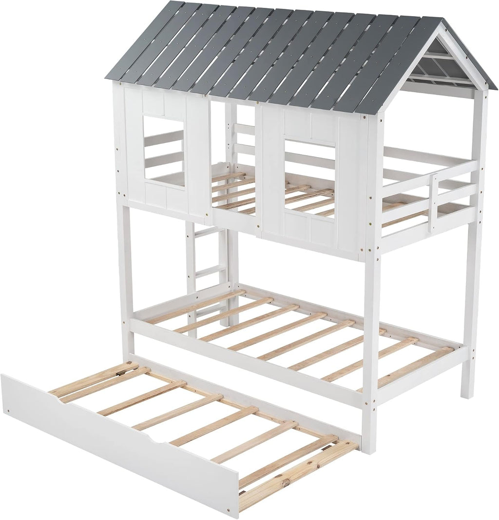 Twin Over Twin Bunk Bed for Kids Toddlers, House Bunk Bed Farm with Trundle/Roof/Windows/Guardrail for Girls/Boys, No Spring Box Required