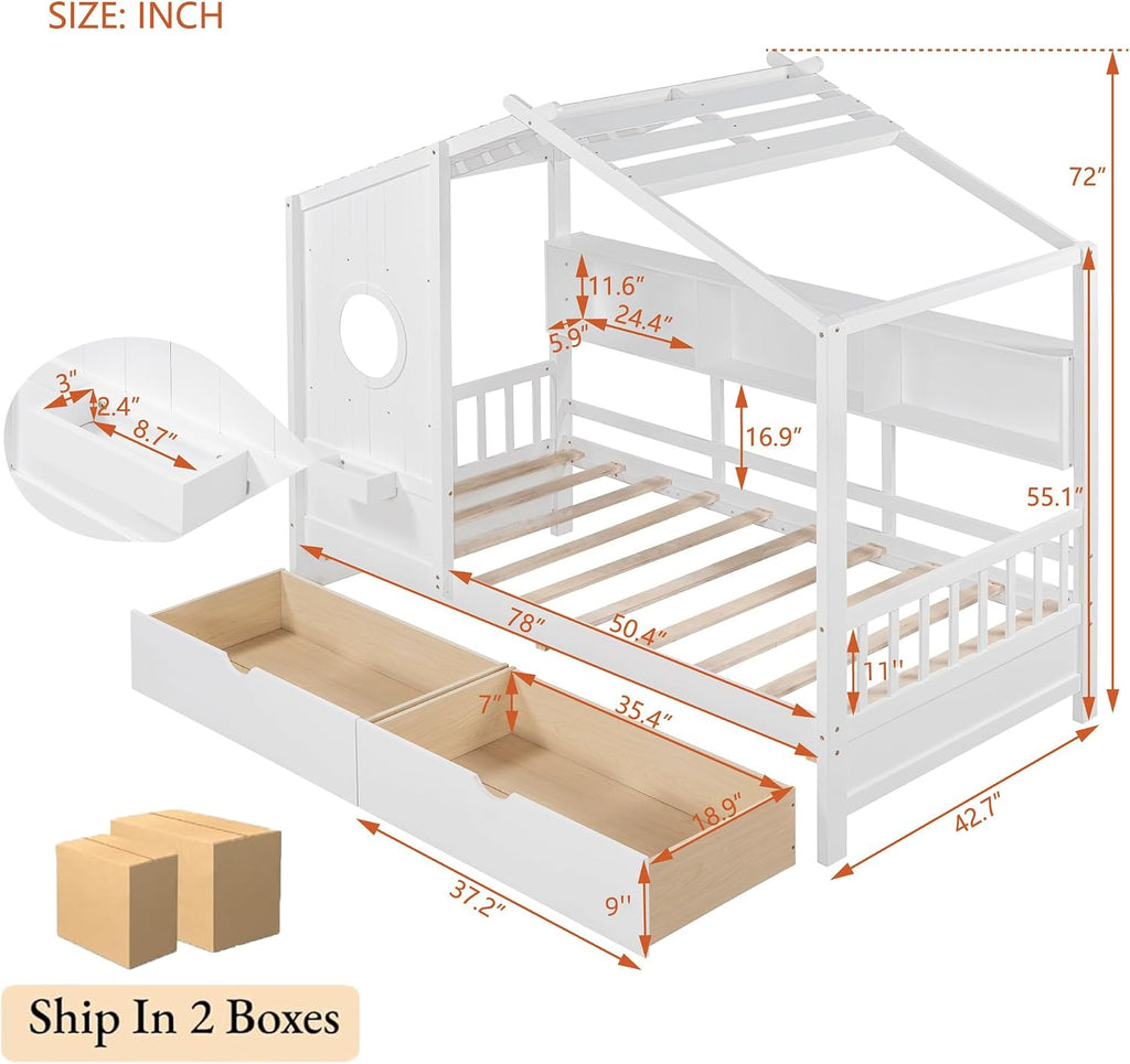 Twin Size Montessori Floor Bed with Roof & Window,Kids House Bed with 2 Drawers & Storage Shelf,Cute Playhouse Bed Frame for Kids,Wooden House Bed Frame No Box Spring Needed,Can be Decorated,White