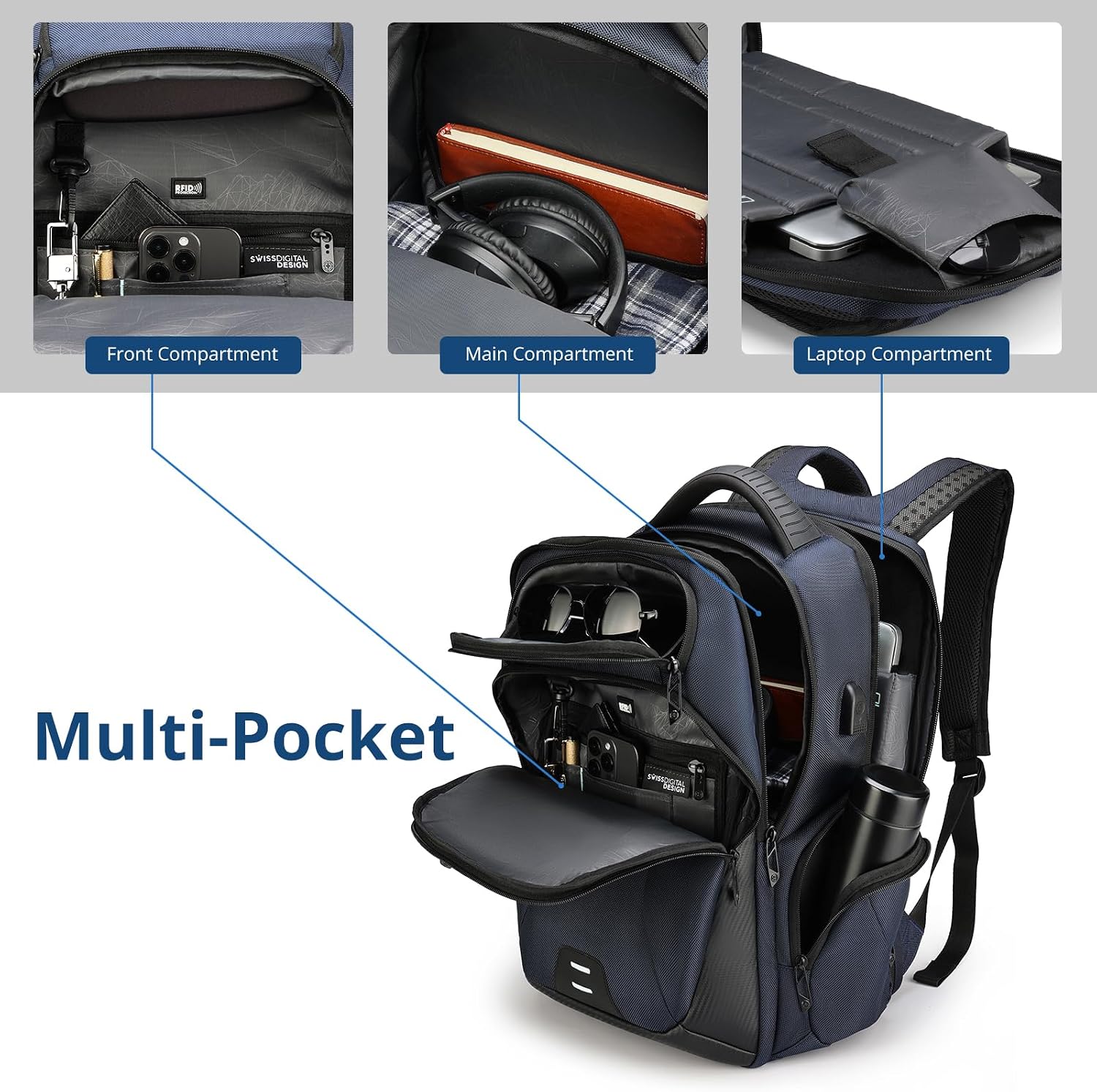 Swissdigital Design Men's Laptop Backpack for College and Business Travel with Integrated USB Charging Port and RFID Protection Fits Laptops up to 15.6 inch, Blue | SD1695-12