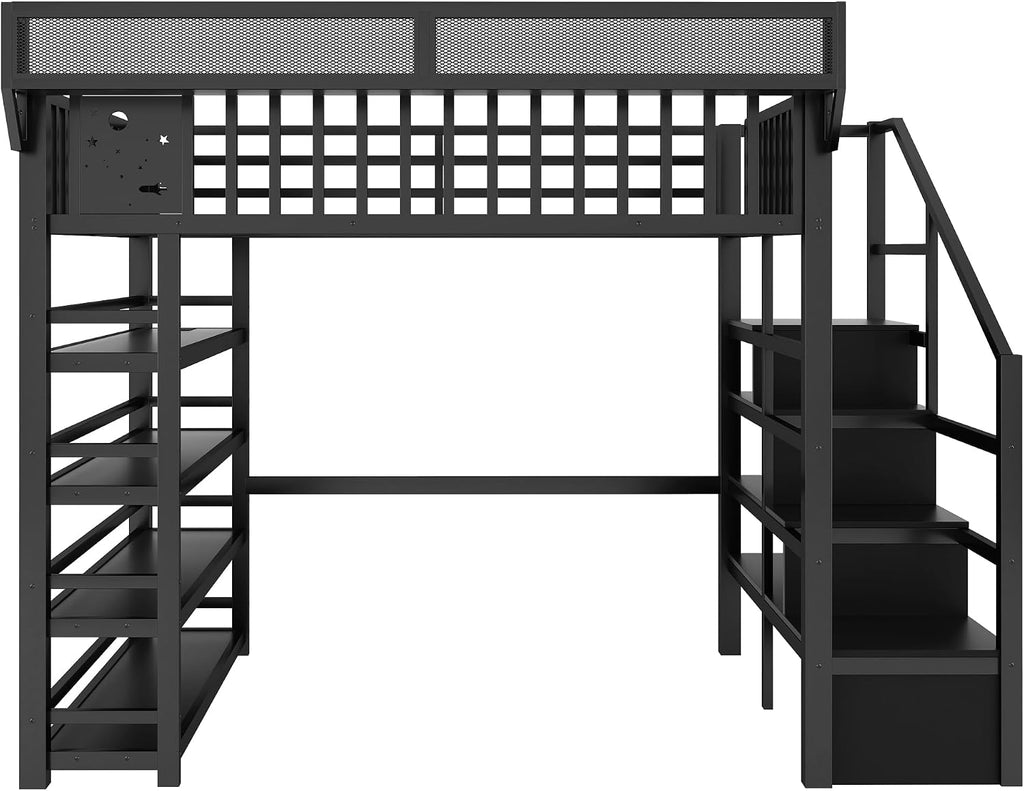 JIVOIT Metal Full Loft Bed with 4 Shelf Storage Rack, Stairs Storage, Open Shelves for Upper, Space-Saving Full Loft Bed with Guardrails and Metal Slats Support for Kids Teens (Black/1)