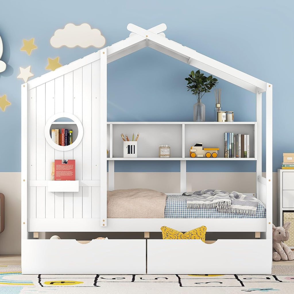 Twin Size Montessori Floor Bed with Roof & Window,Kids House Bed with 2 Drawers & Storage Shelf,Cute Playhouse Bed Frame for Kids,Wooden House Bed Frame No Box Spring Needed,Can be Decorated,White