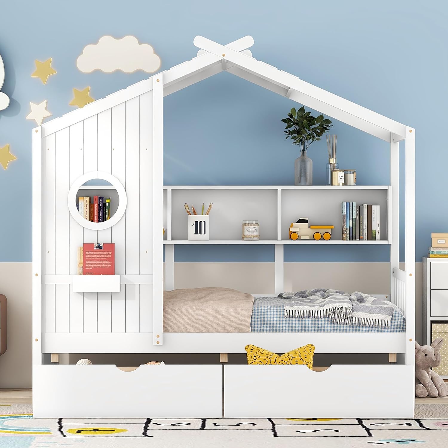 Twin Size Montessori Floor Bed with Roof & Window,Kids House Bed with 2 Drawers & Storage Shelf,Cute Playhouse Bed Frame for Kids,Wooden House Bed Frame No Box Spring Needed,Can be Decorated,White