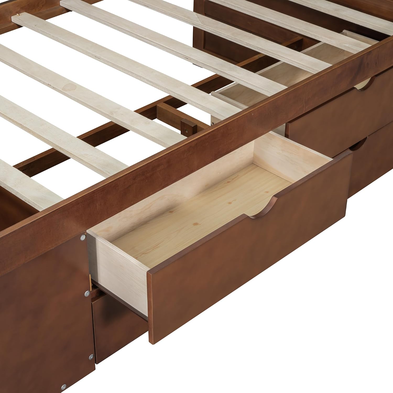 Twin Size Daybed with 4 Pull-Out Drawers and 3 Functioning Shelves,Solid Wood Day Bed Frame with Wooden Slats Support for Bedroom,No Box Spring Required (Walnut-AB40)