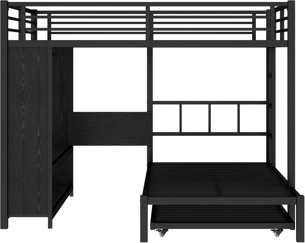 JIVOIT Metal Bunk Bed with Trundle, Queen Over Twin Bunk Bed with Foldable Desk, Built-in Wardrobe, Ladders and Safety Guard, Noise-Reduced Design, Space-Saving, No Box Spring Needed