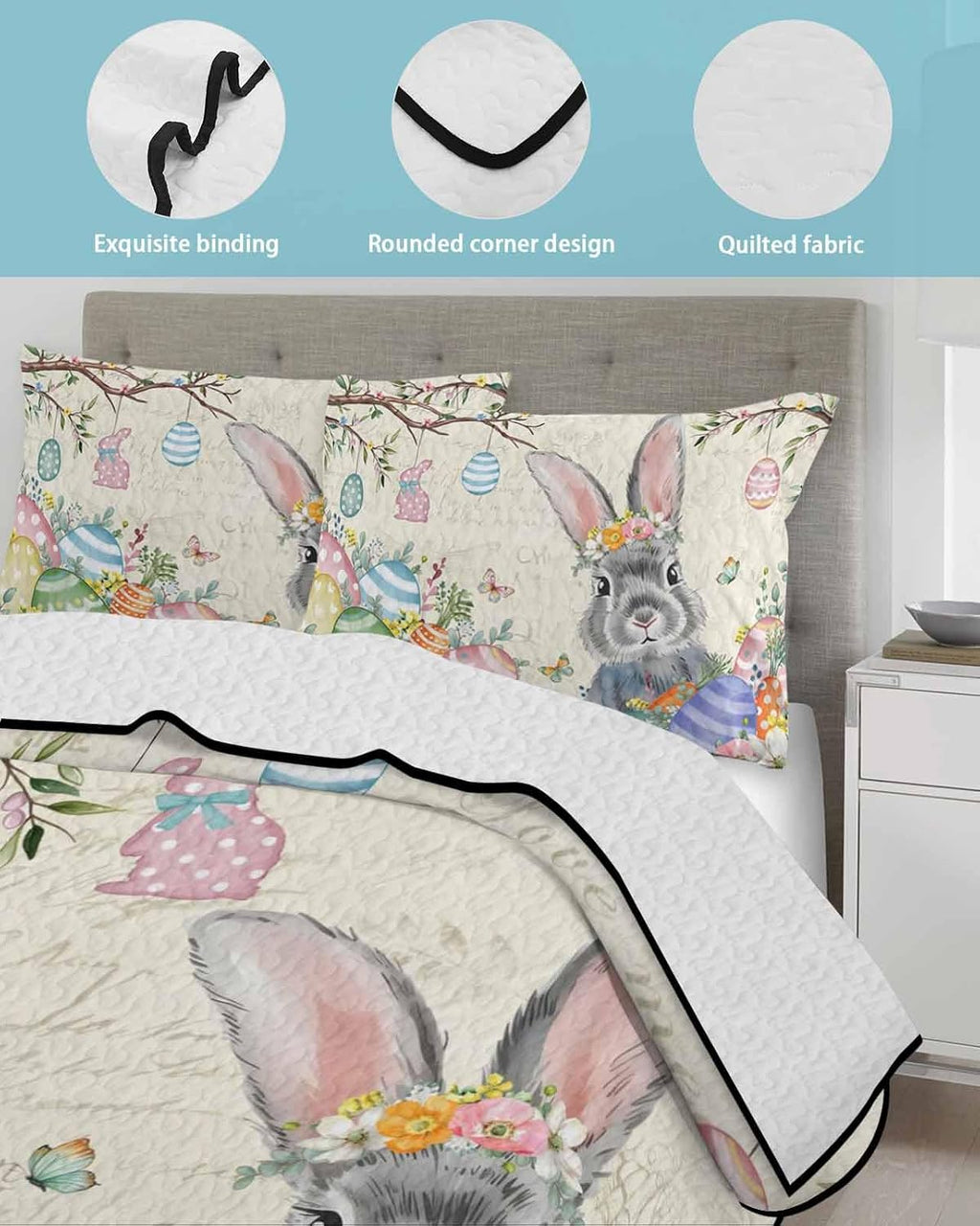 Quilt King Size Bedding Set, Easter Lightweight Summer Quilt 3 Pieces Bedding Sets, Spring Grey Bunny Colorful Eggs Tree Butterfly Reversible Soft Bedspreads Coverlets with 2 Pillow Shams