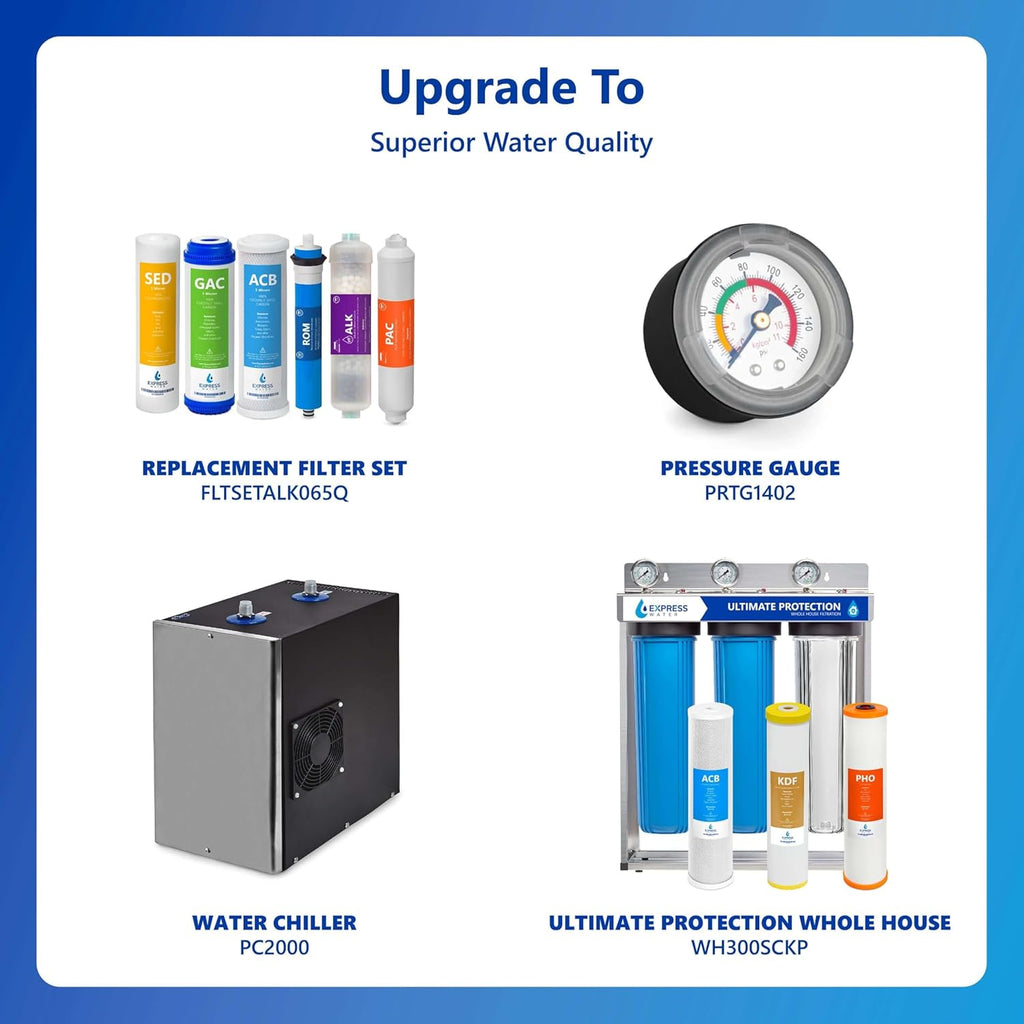 Express Water ROALK5D 10-Stage Alkaline Under Sink Reverse Osmosis Water Filter System, NSF Certified 372, 50 GPD, Reduces 99% of Impurities, BPA Free, Deluxe Chrome Faucet