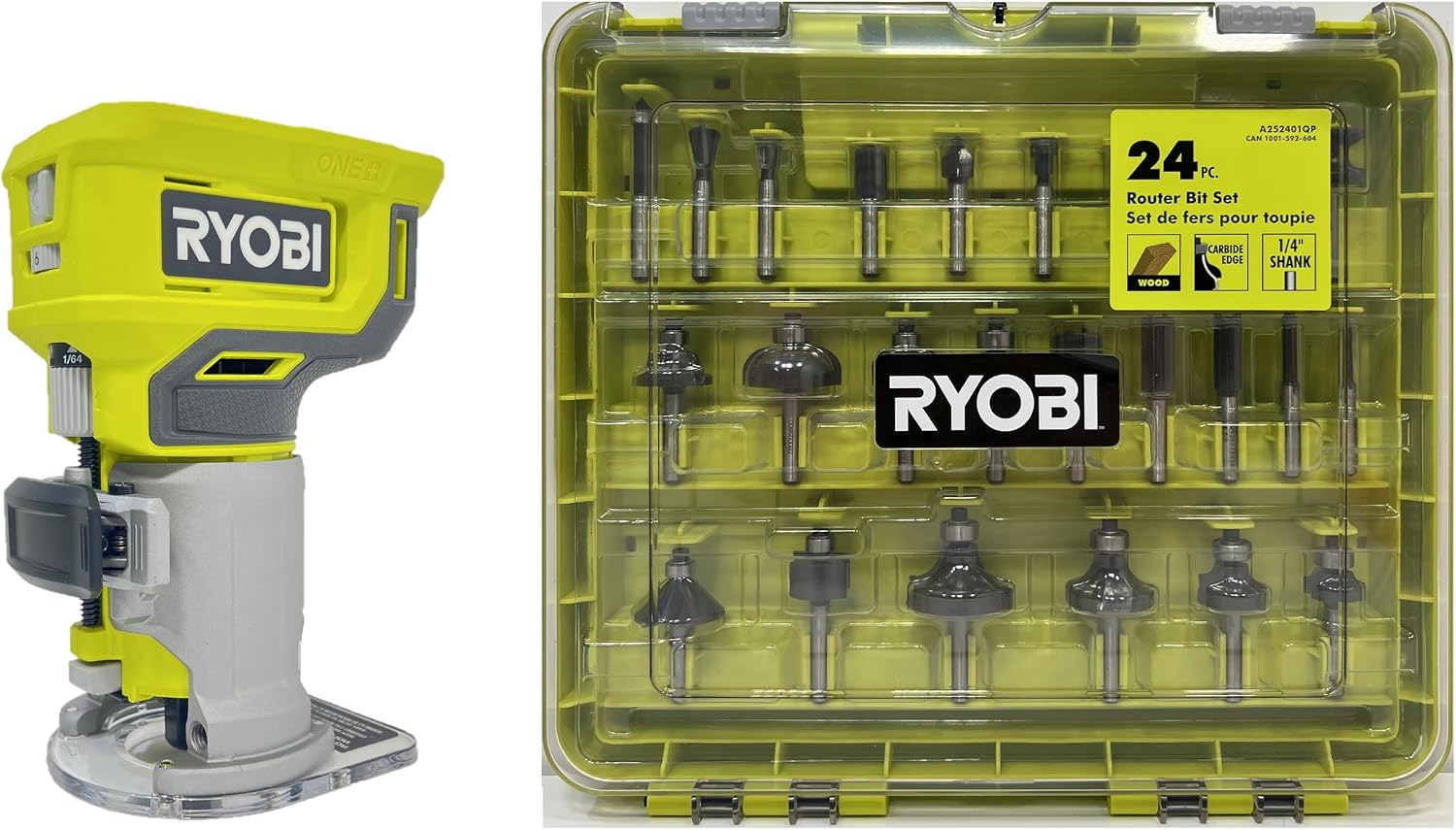 RYOBI 18V Cordless Fixed Base Trim Router with 24-Piece Router Bit Set A252401