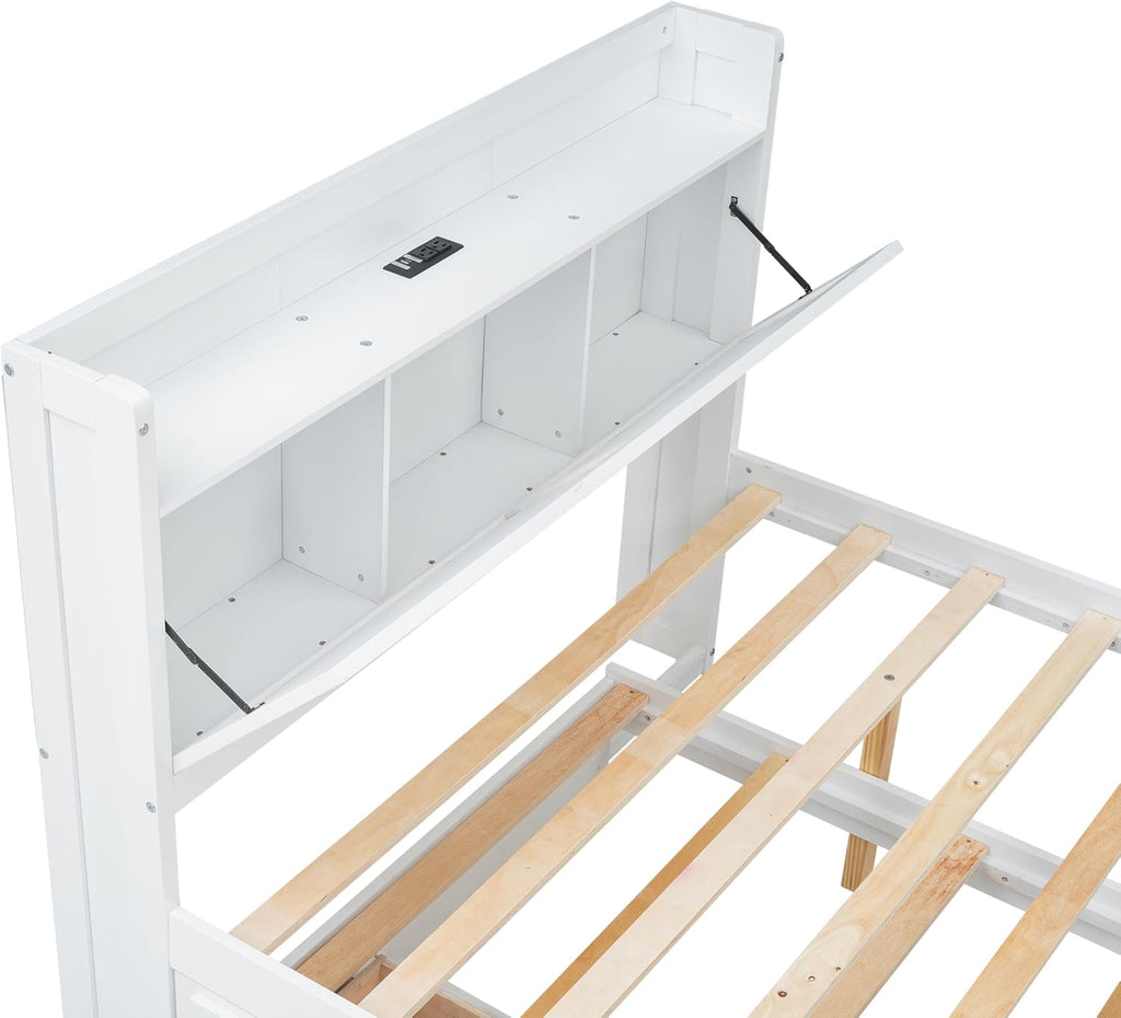 Full Size Captain Wooden Bed Frame with Storage Headboard & Outlets | Extendable Platform Bed with Twin Trundle & 3 Storage Drawers | Modern Farmhouse Bedroom Furniture Set (White, Full)