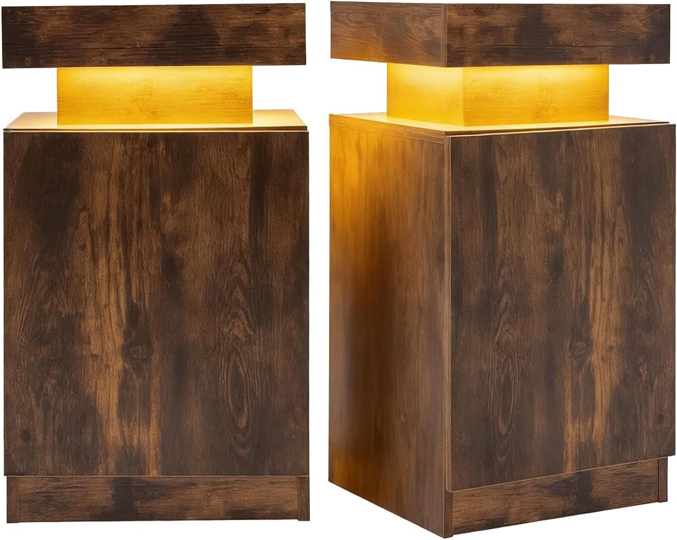 Nightstand with LED Lights Set of 2, 2 Pieces Bedside Tables with Storage Cabinet, Modern End Tables for Bedroom, Brown