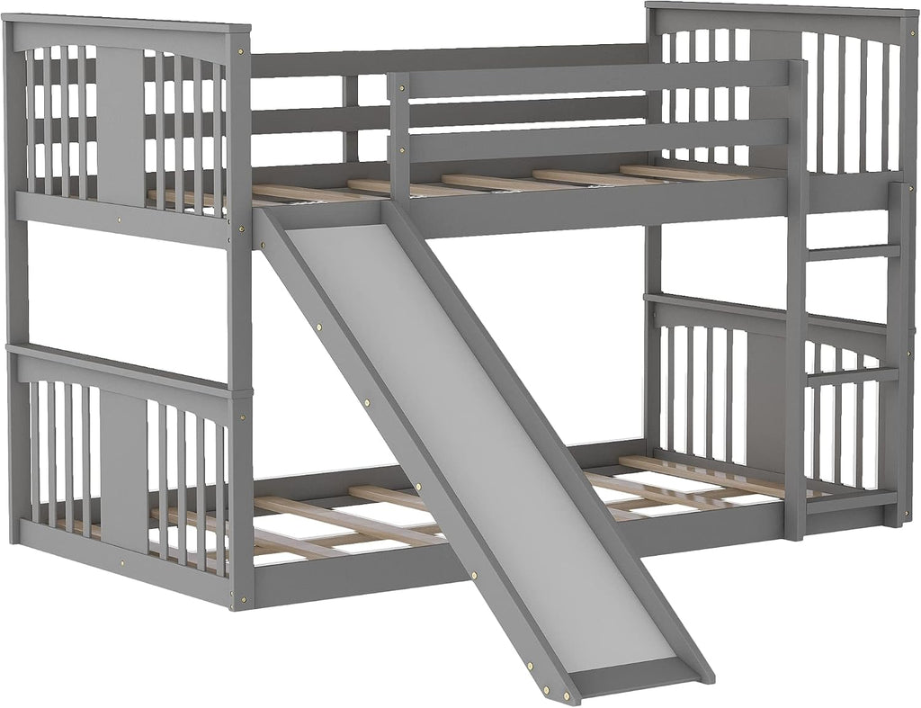 Bellemave Floor Bunk Bed with Slide, Twin Over Twin Wooden Low Bunk Bed with Slide and Ladder, for Boys Girls (Grey)