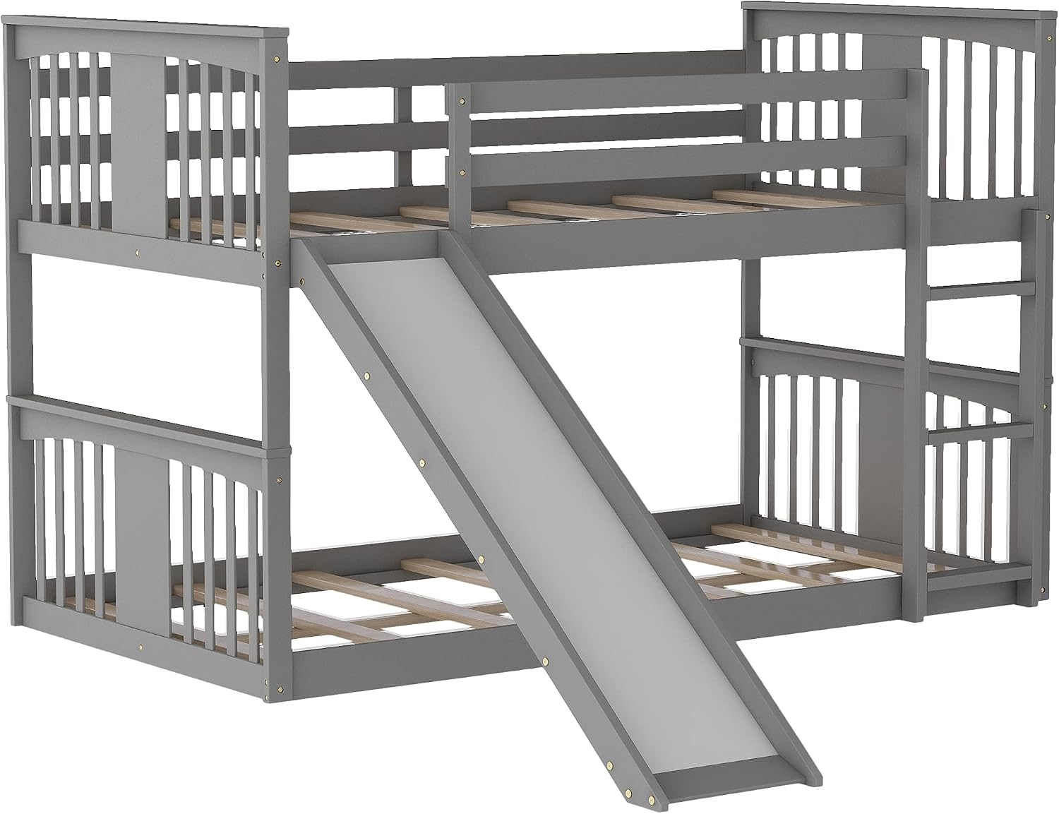Bellemave Floor Bunk Bed with Slide, Twin Over Twin Wooden Low Bunk Bed with Slide and Ladder, for Boys Girls (Grey)