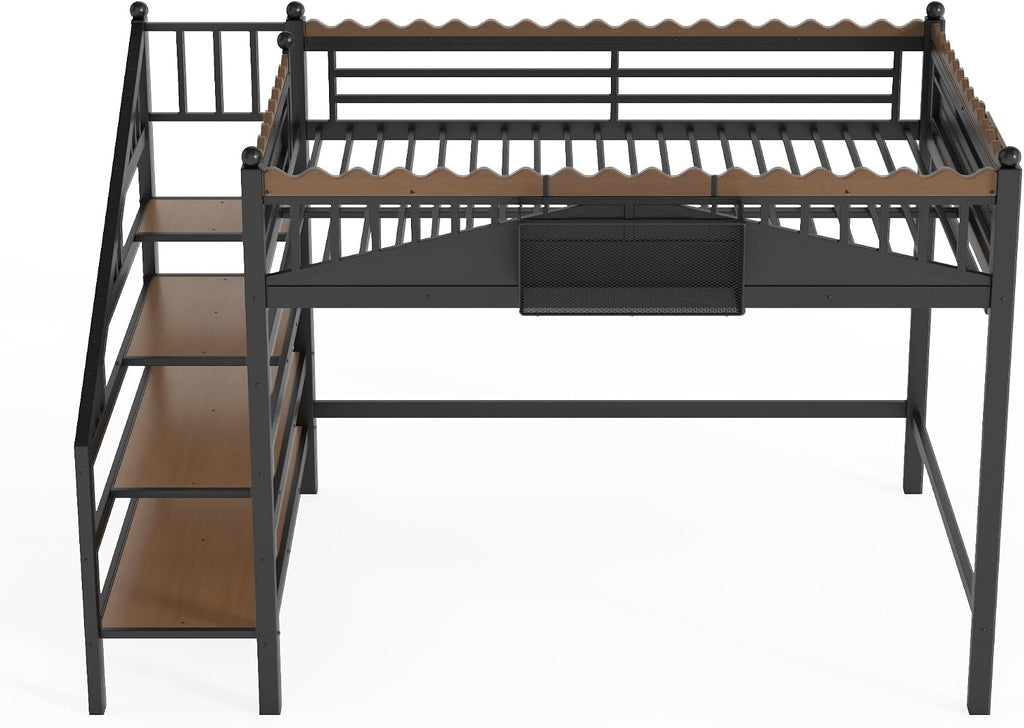 JIVOIT Queen Size Metal Loft Bed Frame, Space-Saving Loft Bed with Storage Stairs, Storage Shelves and Bookshelf, Strong Support Slats, Perfect for Bedroom, Guest, Dorms