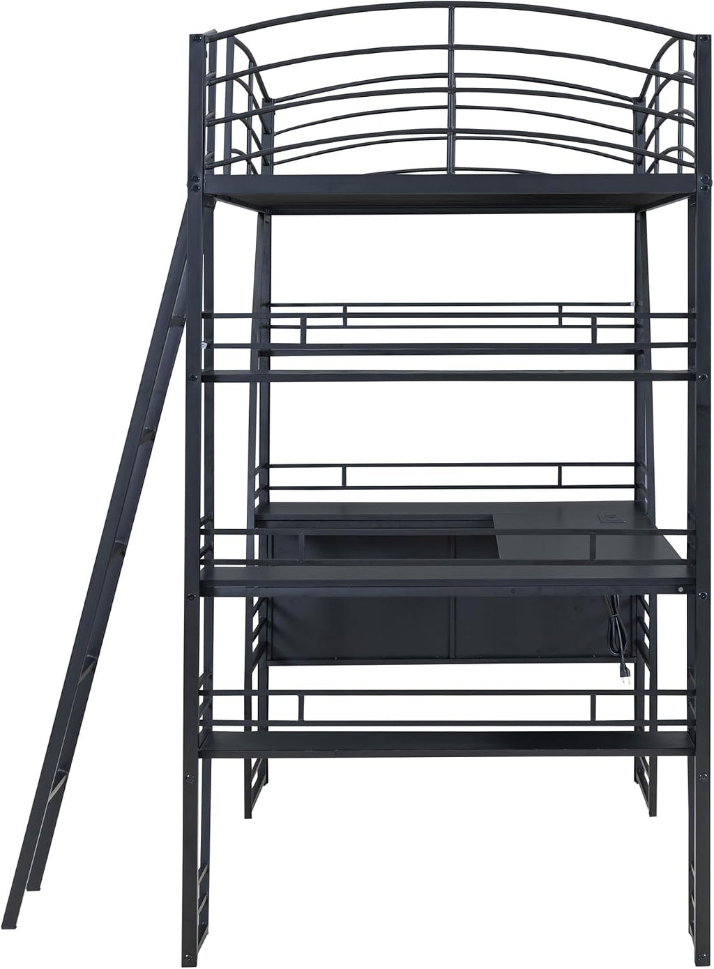 Metal Twin Size Loft Bed with 4 Layers of Shelves and L-Shaped Desk,a Set of Sockets, USB Ports and Wireless Charging,for Kids Teens Adults Bedroom (Twin, Black@Charging)