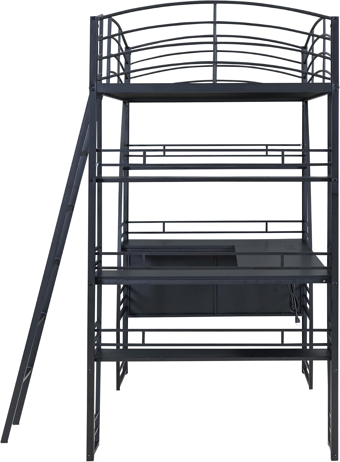 Metal Twin Size Loft Bed with 4 Layers of Shelves and L-Shaped Desk,a Set of Sockets, USB Ports and Wireless Charging,for Kids Teens Adults Bedroom (Twin, Black@Charging)