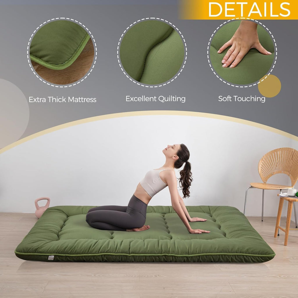 MAXYOYO 6' Extra Thick Japanese Floor Mattress Futon Mattress, Foldable Tatami Pad for Adults, Roll Up Floor Mat for Living Room Guest Room RV, Green, Twin