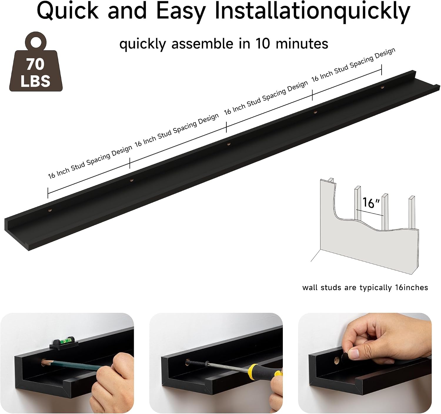 Floating Picture Ledge Shelves for Wall Set of 2, 84 Inches Picture Ledge Shelf with Long Large Nursery Book Shelf for Toys Storage Kids Bookshelf Wall Mounted Living Room Bedroom Decor Frames, Black