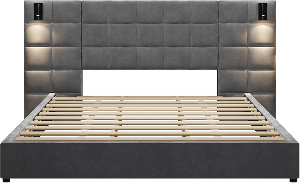 Merax Velvet Upholstered California King Size Bed Frame with Wide headboard and Small Reading Lamp with USB Port, Low Platform Bed Frame for Adults, Without Bedside Tables and Mattress, Gray