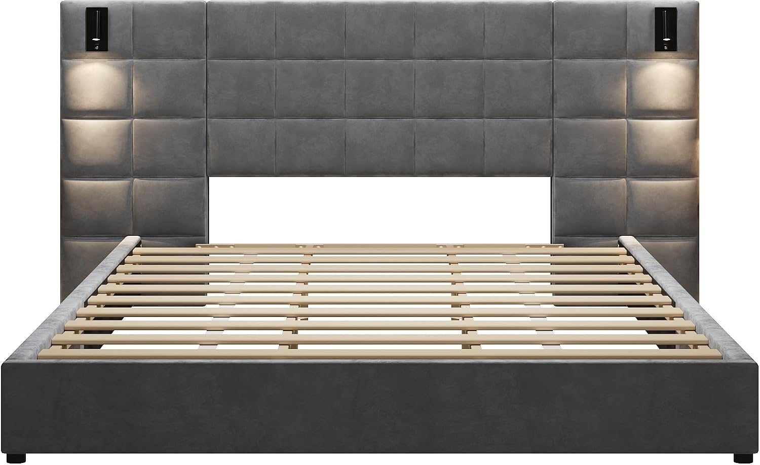 Merax Velvet Upholstered California King Size Bed Frame with Wide headboard and Small Reading Lamp with USB Port, Low Platform Bed Frame for Adults, Without Bedside Tables and Mattress, Gray