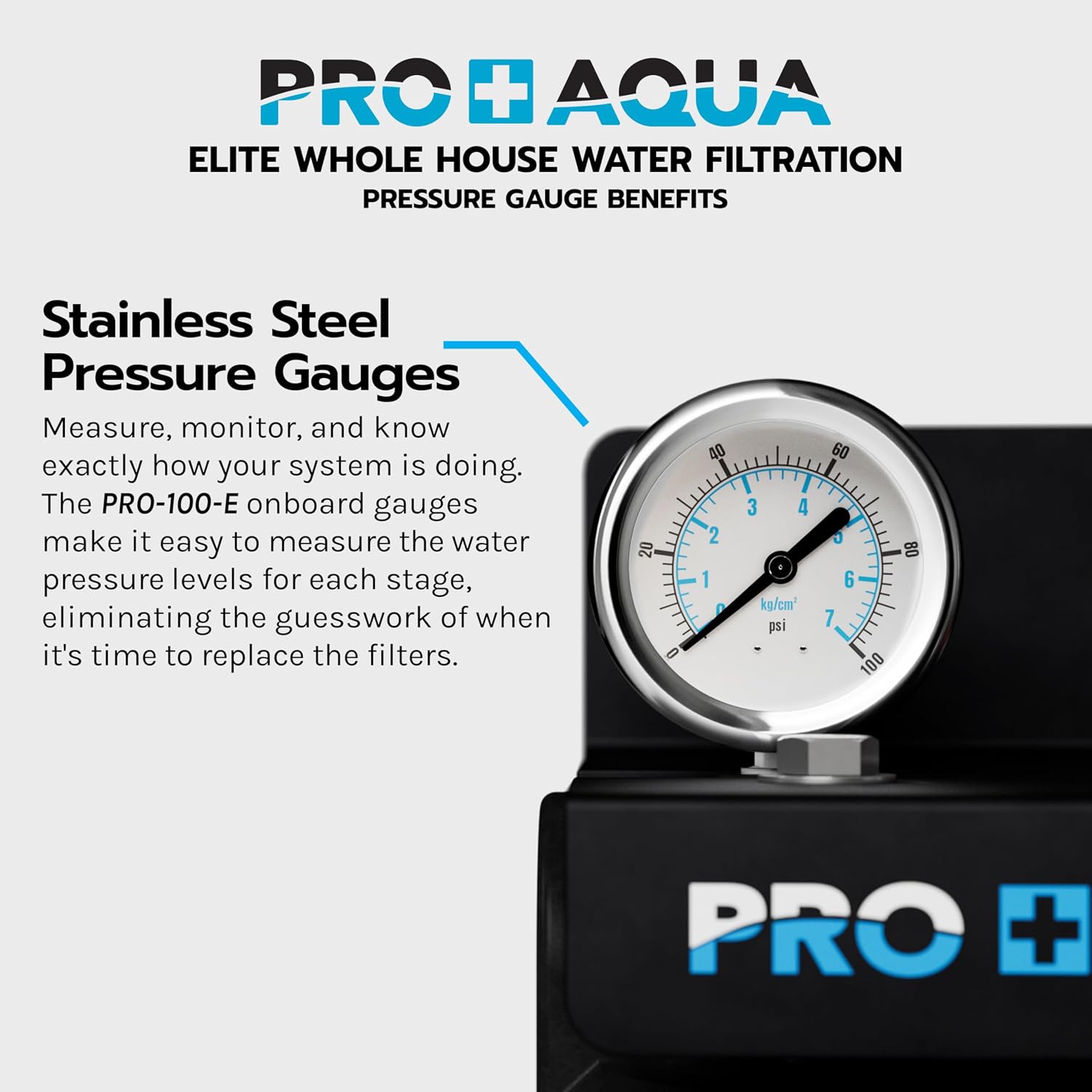 PRO+AQUA Elite Series GEN2 PRO-100-E 3-Stage Whole House Water Filtration System for City & Well Water with Pressure Gauges | Reduces Contaminants, Sediment, Chemicals, Heavy Metals, with 1' Ports