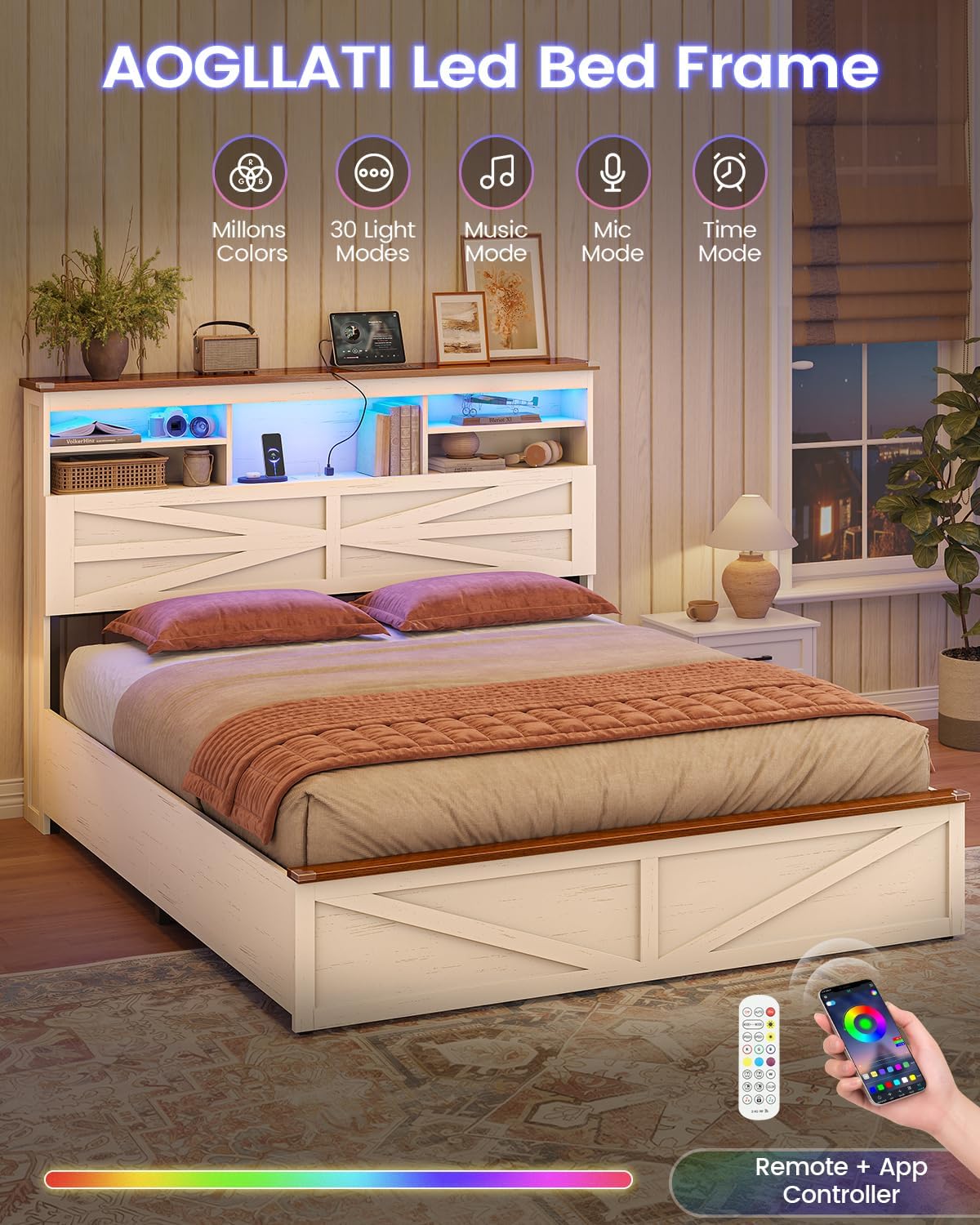 AOGLLATI Farmhouse Full Size Bed Frame with Lift Up Storage & Hidden Bookcase Storage Headboard, Wood Bed Frame Full with Charging Station, Led Lights, No Box Spring Needed, Antique White