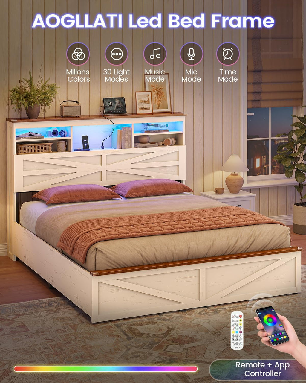 AOGLLATI Farmhouse Bed Frame Queen Size with Lift Up Storage & Hidden Bookcase Storage Headboard, Wood Queen Bed Frame with Charging Station, Led Lights, No Box Spring Needed, Antique White