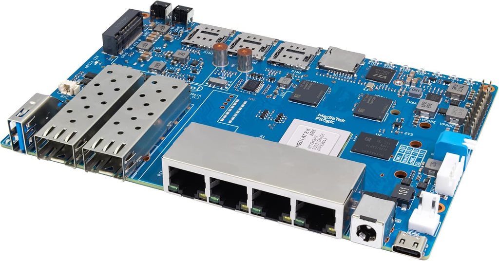 Banana Pi BPI-R4 Wi-Fi 7 Wireless Dual-Band WiFi OpenWRT Router Board, with MediaTek MT7988A (Filogic 880) SoC, Support 2X 10GbE SFP and 4X GbE Gigabit Ethernet for NAS Smart Home Gateway