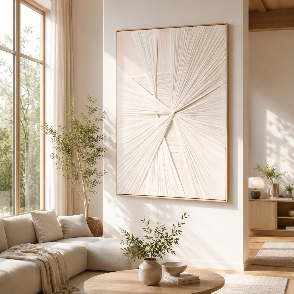 Artists' Handicraft, Large 3D Fabric Hand Painted Framed Wall Art, Minimalist Modern Luxury Artwork, Abstract Boho Modern Long Beige Wall Decor, Neutral Trendy Paintings for Living Room Bedroom Hallway Office, Vertical, 30x45 In