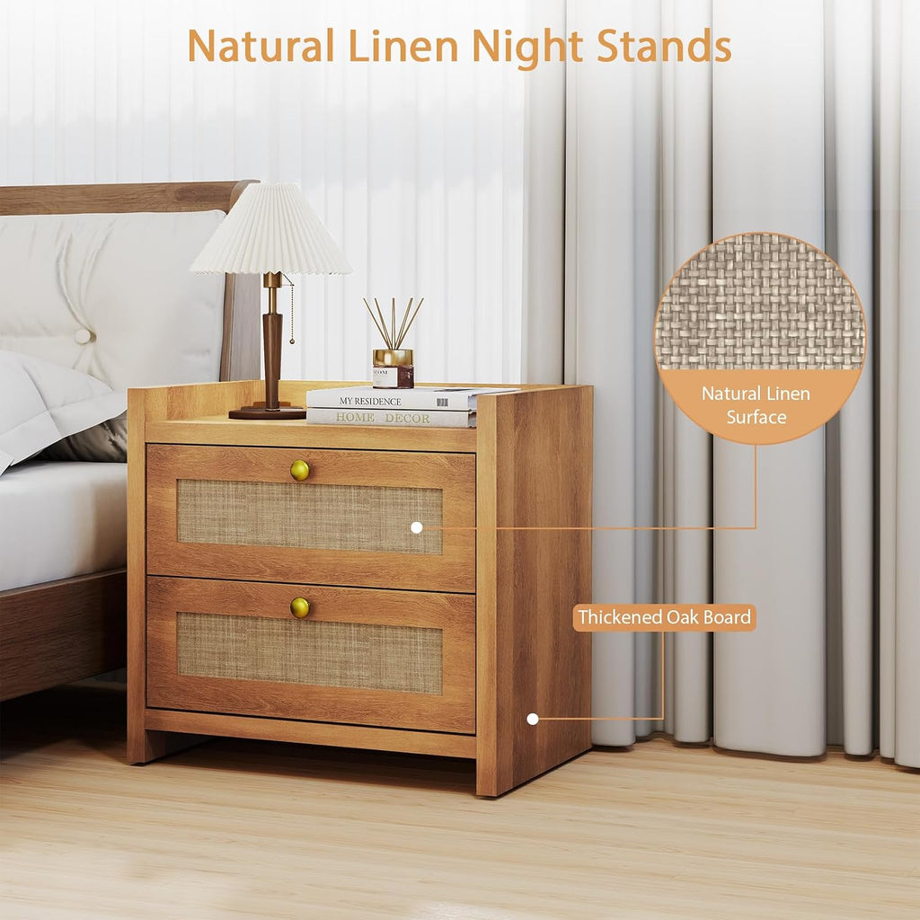 LubanNese 23.6' Nightstand, Boho Wooden Bedside Table with Charging Station for Bedroom, Farmhouse Rustic Large Wide Night Stands with 2 Soft Close Drawers, Oak