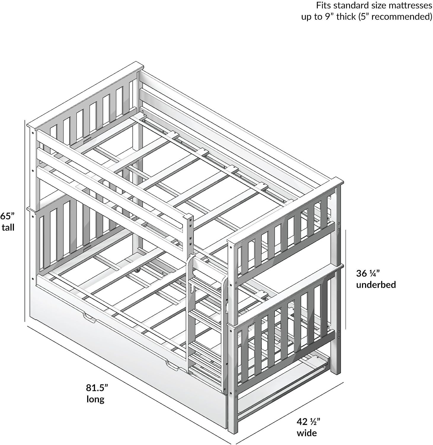 Max & Lily Bunk Bed, Twin-Over-Twin Wood Bed Frame For Kids With Trundle, Grey