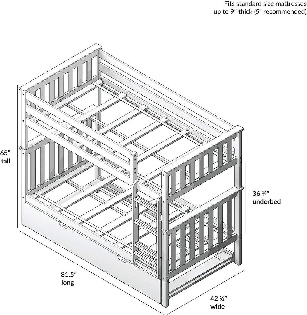 Max & Lily Bunk Bed, Twin-Over-Twin Wood Bed Frame For Kids With Trundle, White