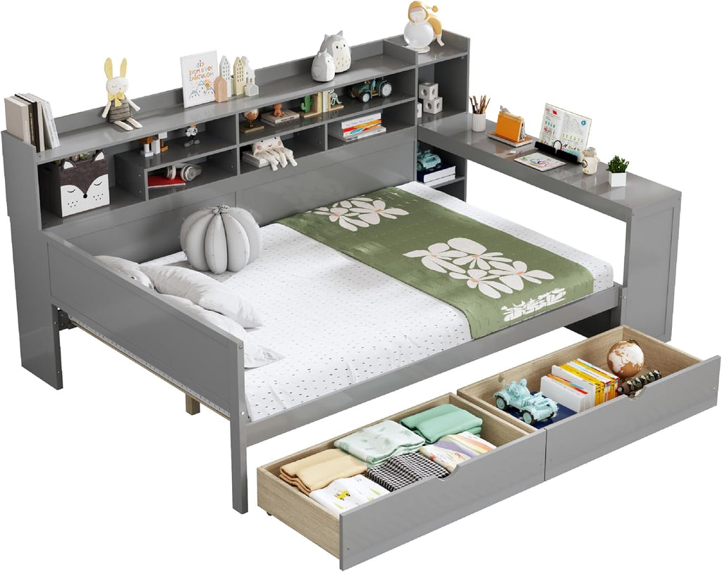 Mirightone Corner Full Bed Frame with Bookcase Storage and Desk, Wood Day Beds with 2 Drawers, Full Size Daybed with Storage for Living Room,Bedroom & Guest Room, Gray