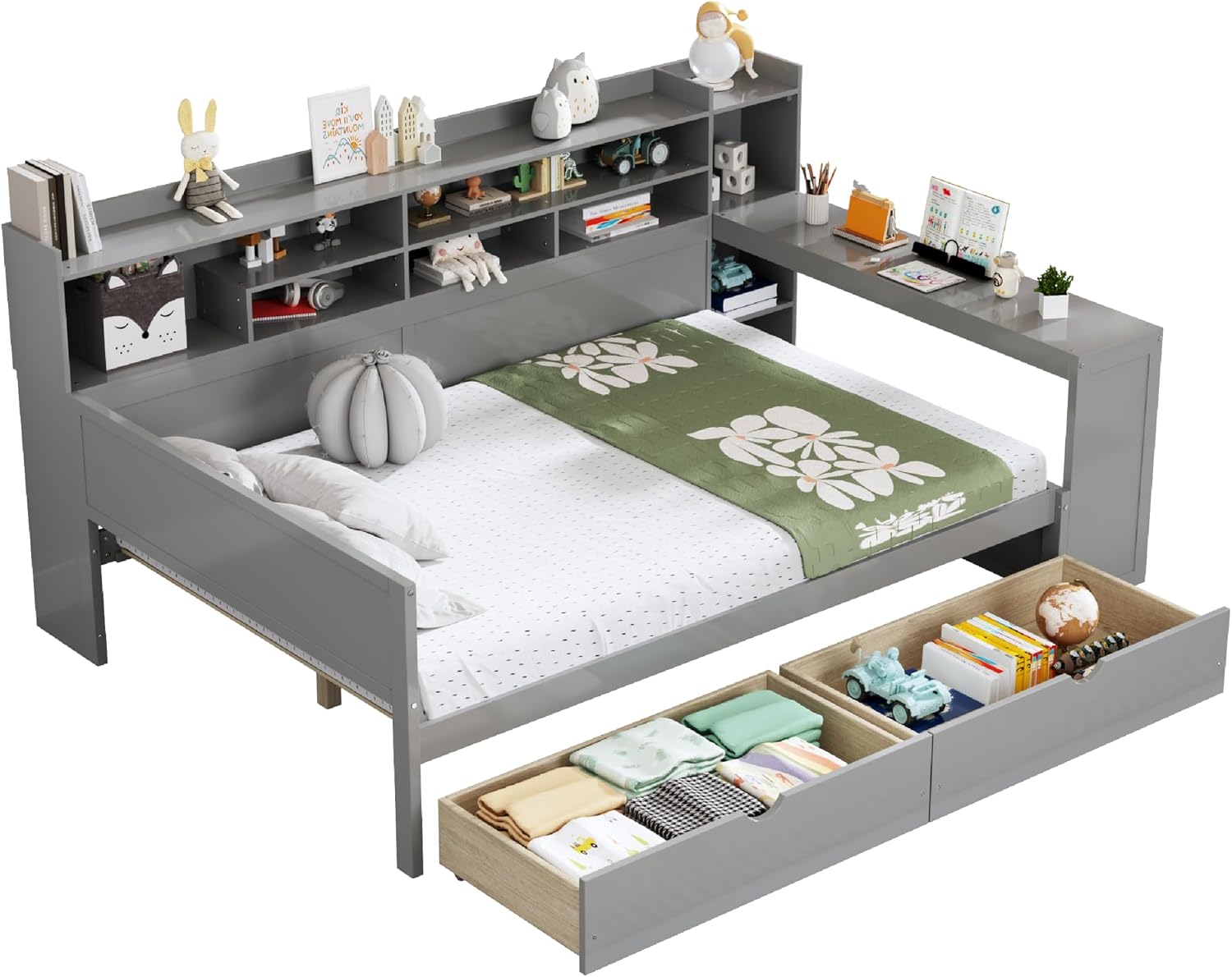 Mirightone Corner Full Bed Frame with Bookcase Storage and Desk, Wood Day Beds with 2 Drawers, Full Size Daybed with Storage for Living Room,Bedroom & Guest Room, Gray