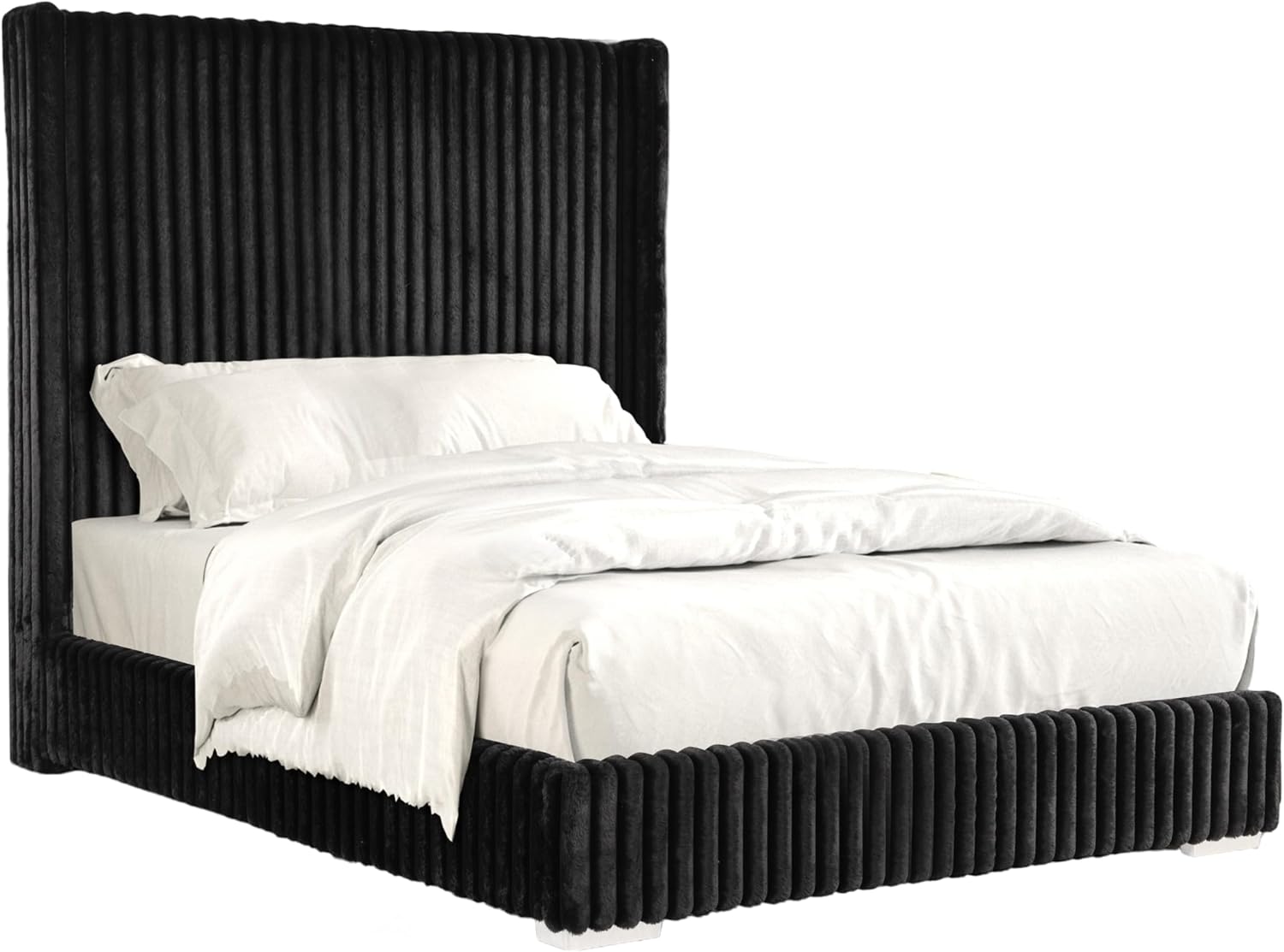 Furniture of America Plutforn Modern Wood 65-inch Queen Platform Bed with Fur Chenille Fabric, No Box Spring Required for Bedroom, Guest Room, Black