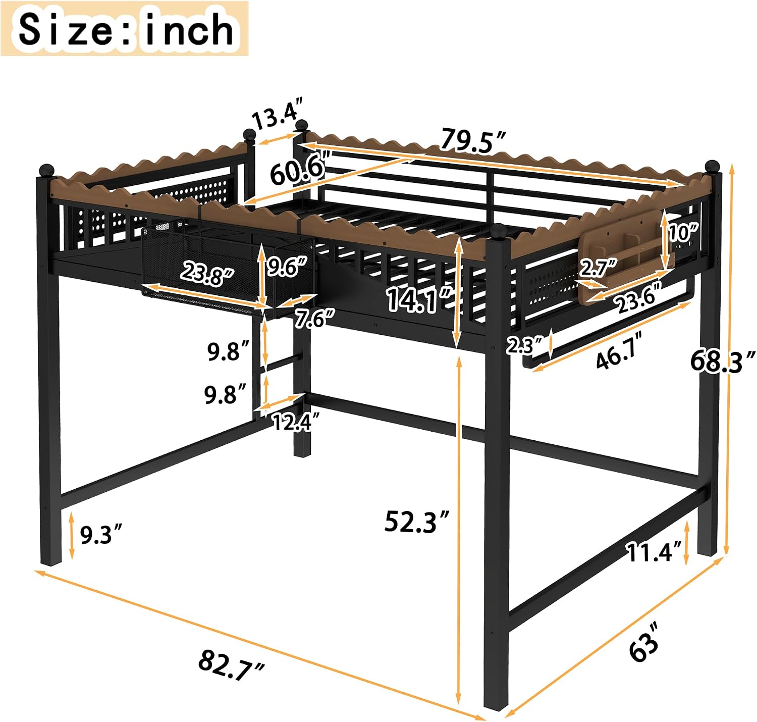 JIVOIT Metal Loft Bed with Built-in Storage Shelves and Bookshelf, Queen Size Metal Loft Bed with Safe Ladder & Guardrail, Space-Saving Loft Bed, No Box Spring Needed and Chic Design