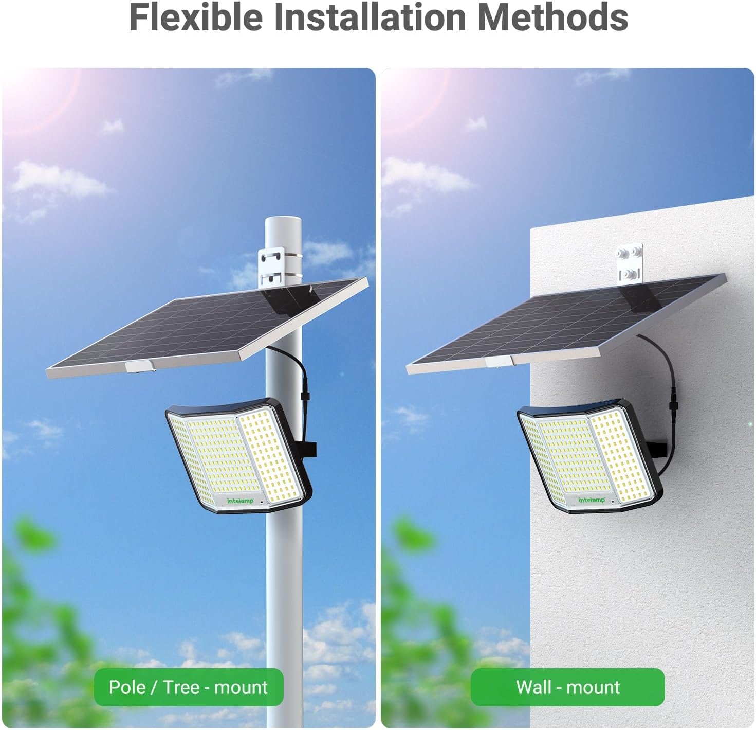 intelamp Solar Flood Lights Outdoor Waterproof, 20000mAh 2000LM Floodlight Exterior with Remote 16.4 FT Cable, 2-12H Timer Dusk to Dawn Security Spots Lighting Outside for Garden Pathway (Pack of 2)