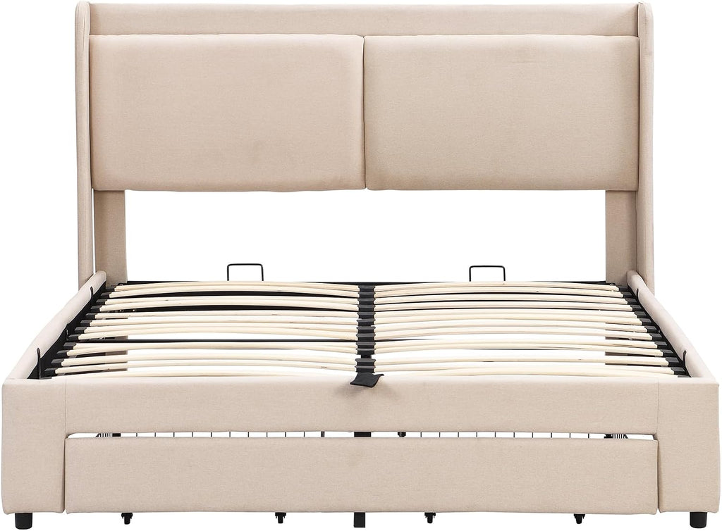 Queen Size Lift Up Storage Bed with Storage Ottoman, Queen Bed Frame with Tufted Headboard/Hydraulic Storage, 2-Pieces Queen Bedroom Sets, Easy Assembly, Pink(Beige with Drawer,Queen)