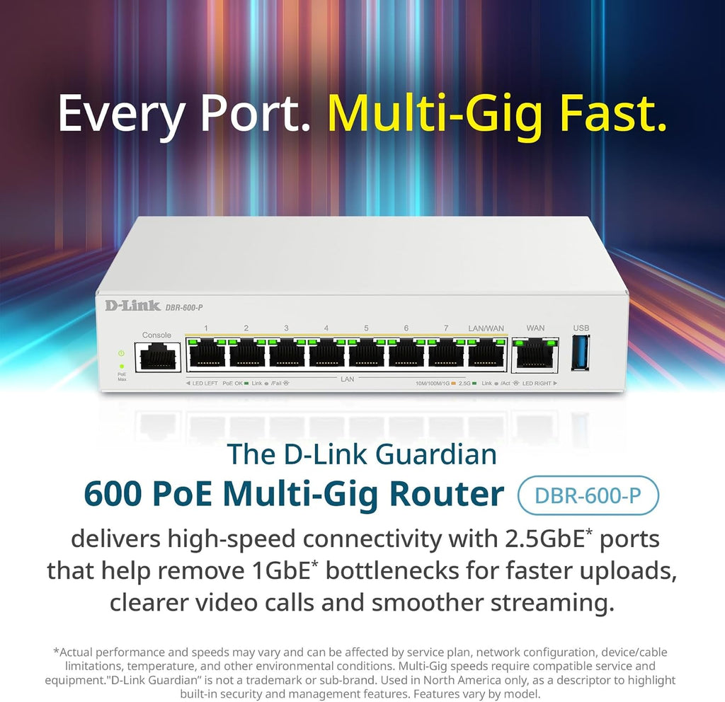 D-Link Guardian 600 PoE Multi-Gig Business Router (DBR-600-P), Premium Router with Multi-WAN Failover, SPI Firewall, 8X 2.5GbE PoE+ LAN, VPN