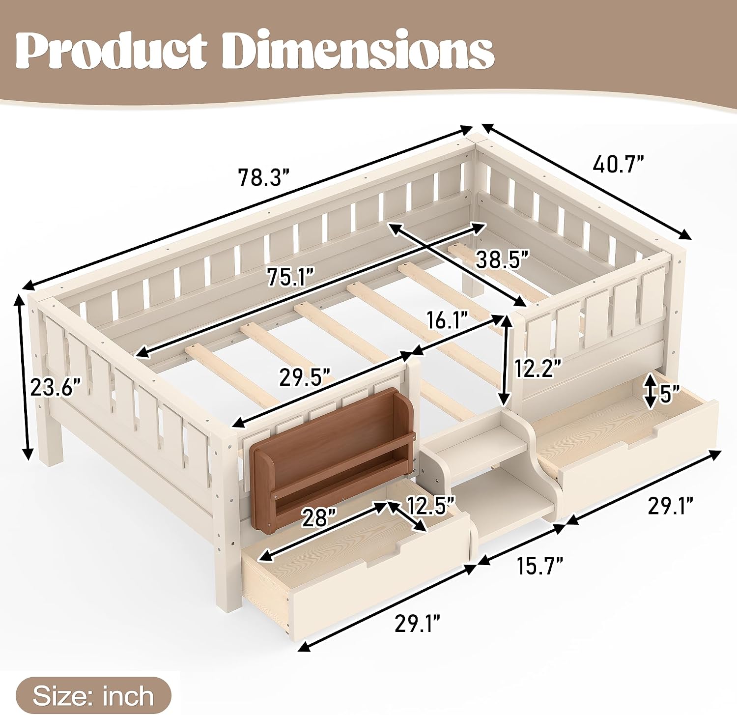 Bellemave Twin Kids Montessori Bed with Stairs, Bookshelf and Drawers, Solid Wood Kids Bed Frame with Storage for Boys Girls, Low Profile,Beige