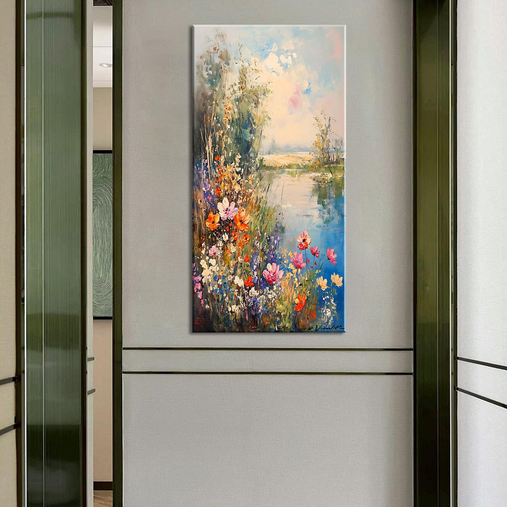ZOMNAI Vertical Landscape of Vintage Art Painting Colorful Flower on Meadow by Lake Water Wall Art Decor Artwork for Bedroom (30x60 Inches)