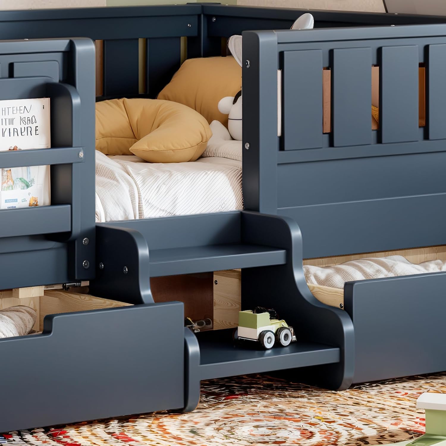 Bellemave Twin Kids Montessori Bed with Stairs, Bookshelf and Drawers, Solid Wood Kids Bed Frame with Storage for Boys Girls, Low Profile,Blue