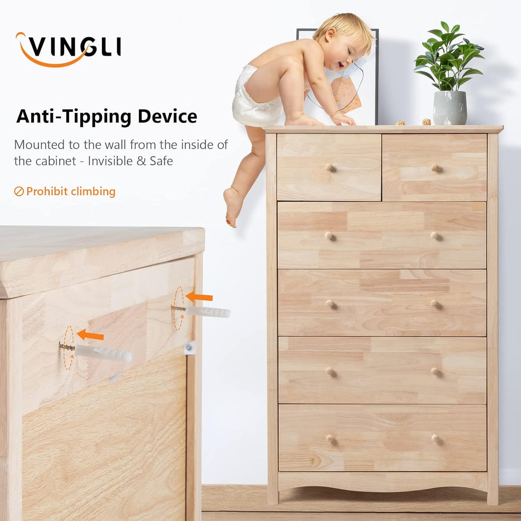 VINGLI Unfinished Natural Solid Wood 6 Drawer Dresser for Bedroom, Farmhouse Dressers & Chests of Drawers Color DIY Rubber Wood Tall Dresser with Full Extension Drawer Slides & Wood Knobs Rustic Style